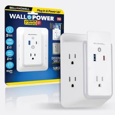 Bell + Howell Wall Surge Protector Outlet Extender 5 AC Outlets with USB and USB-C Fast Charging Wall Tap