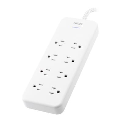 Philips Surge Protector Power Strip, 8ft Braided Extension Cord, 8 Outlet Extender (Wide Spaced), 2160 Joules, Flat Plug, White