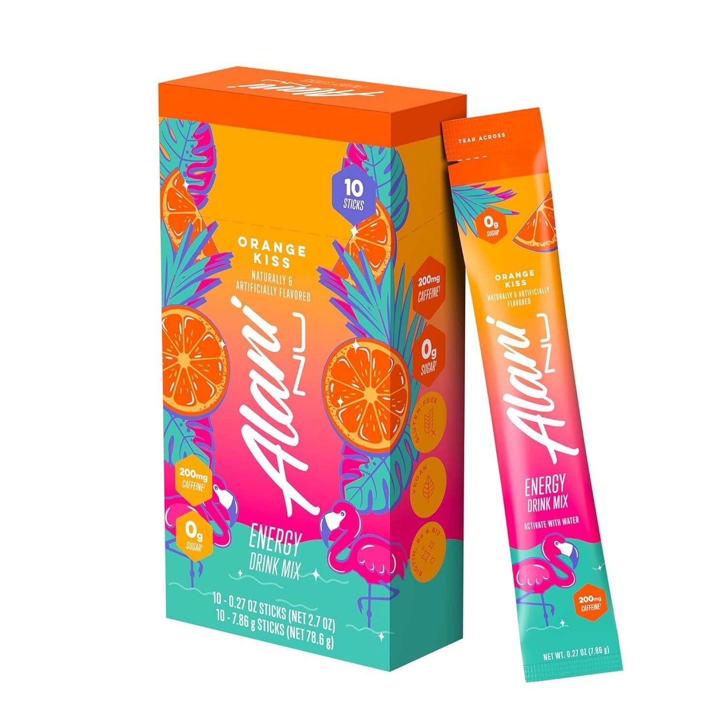Alani Nu Orange Kiss Energy Sticks, Energy Drink Powder, 200mg Caffeine, Zero Sugar, 10 Pack