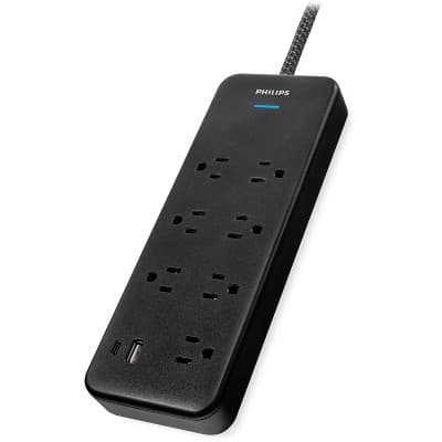 Philips Surge Protector Power Strip with USB Ports, 4ft Braided Extension Cord, 1500 Joules, 7 Outlet Extender (Wide Spaced), 1 USB-A, 1 USB-C, Black