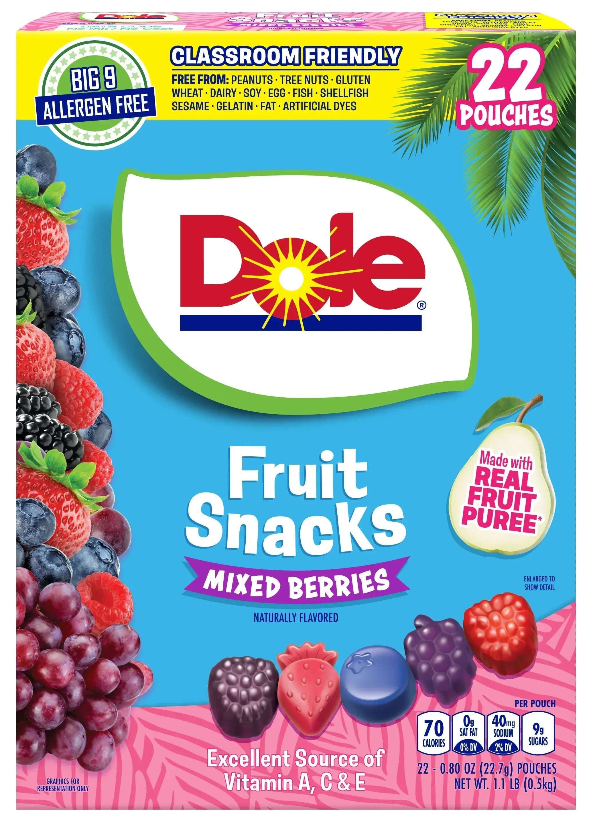 Dole Fruit Snacks, Mixed Berries Flavored, Big 9 Allergen Free, Dye Free, Gluten Free, Gelatin Free, Lunch Snacks 22 Count
