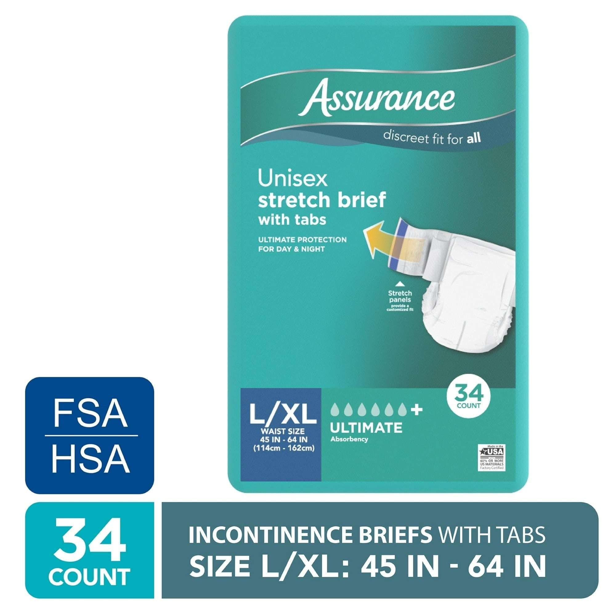 Assurance Unisex Stretch Briefs with Tabs, L/XL, 34 Count