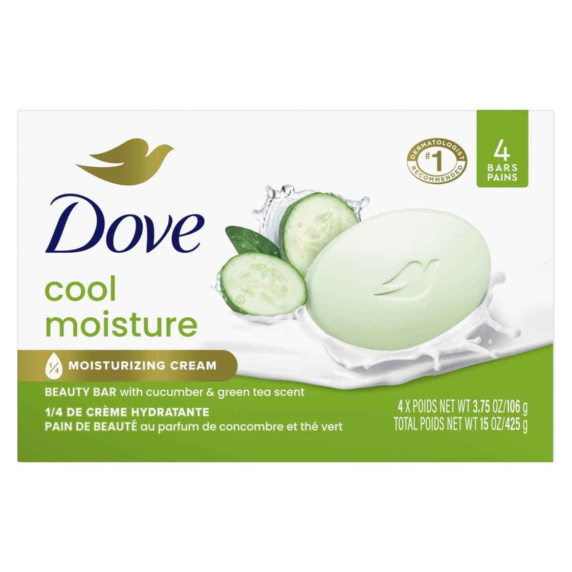 Dove Beauty Bar, Cool Moisture Cucumber & Green Tea Scent, 3.75 oz, 4 Bars