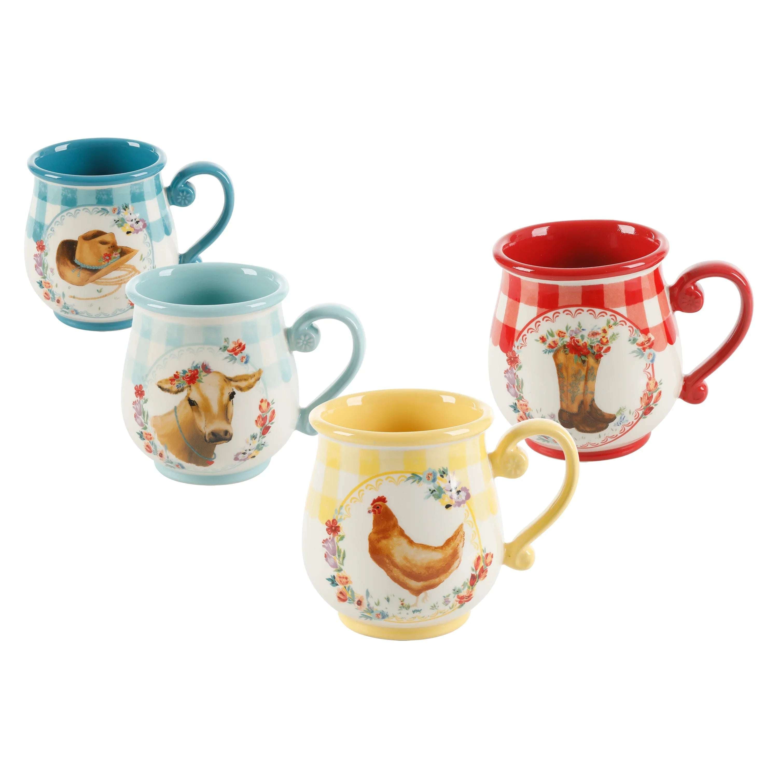 The Pioneer Woman Novelty Gingham 16 oz Multi-Color Stoneware Mugs, Set of 4