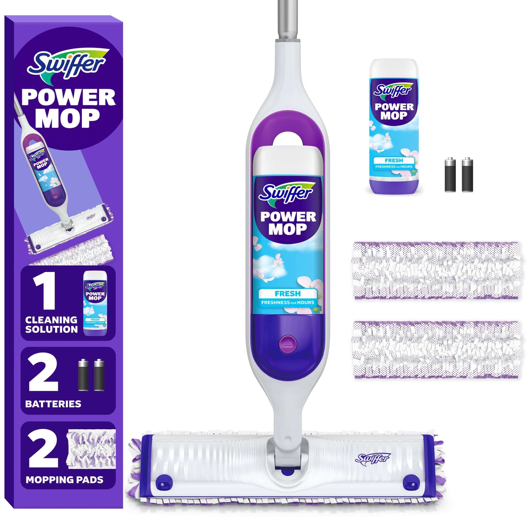 Swiffer PowerMop Kit with Refill, Unscented, 1 Handle + 1 Solution & 2 Pads