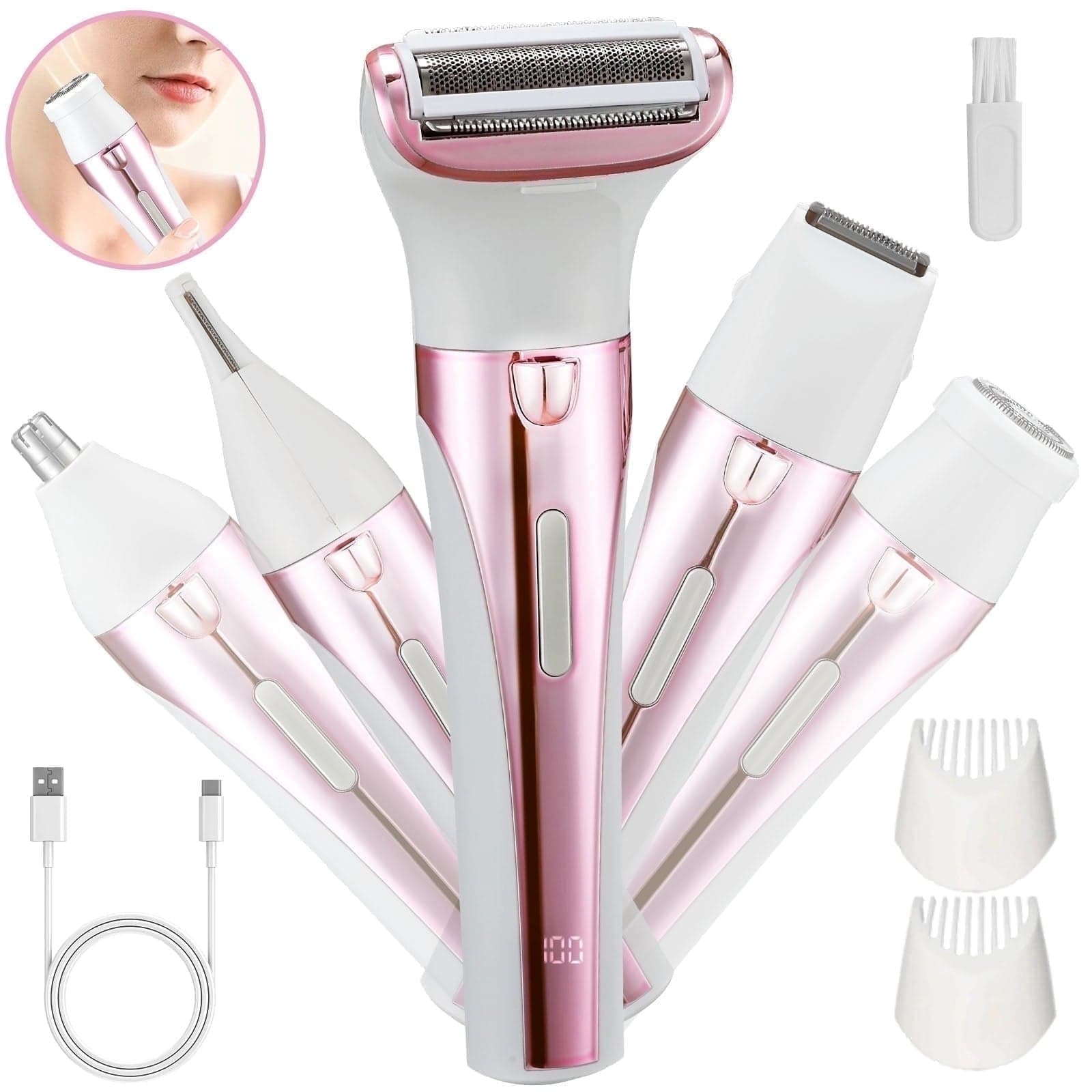 TURKIO 5-in-1 Rechargeable Cordless Electric Razor for Women, Pink