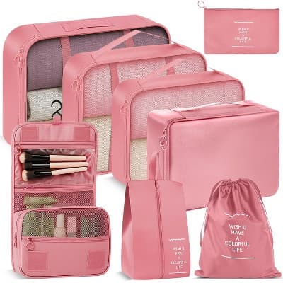 Fosmon 8pc Packing Cubes For Travel, Suitcase Luggage Organizer bags, Hanging Toiletries Travel Bag Makeup Organizer Travel Cubes Set, Pink