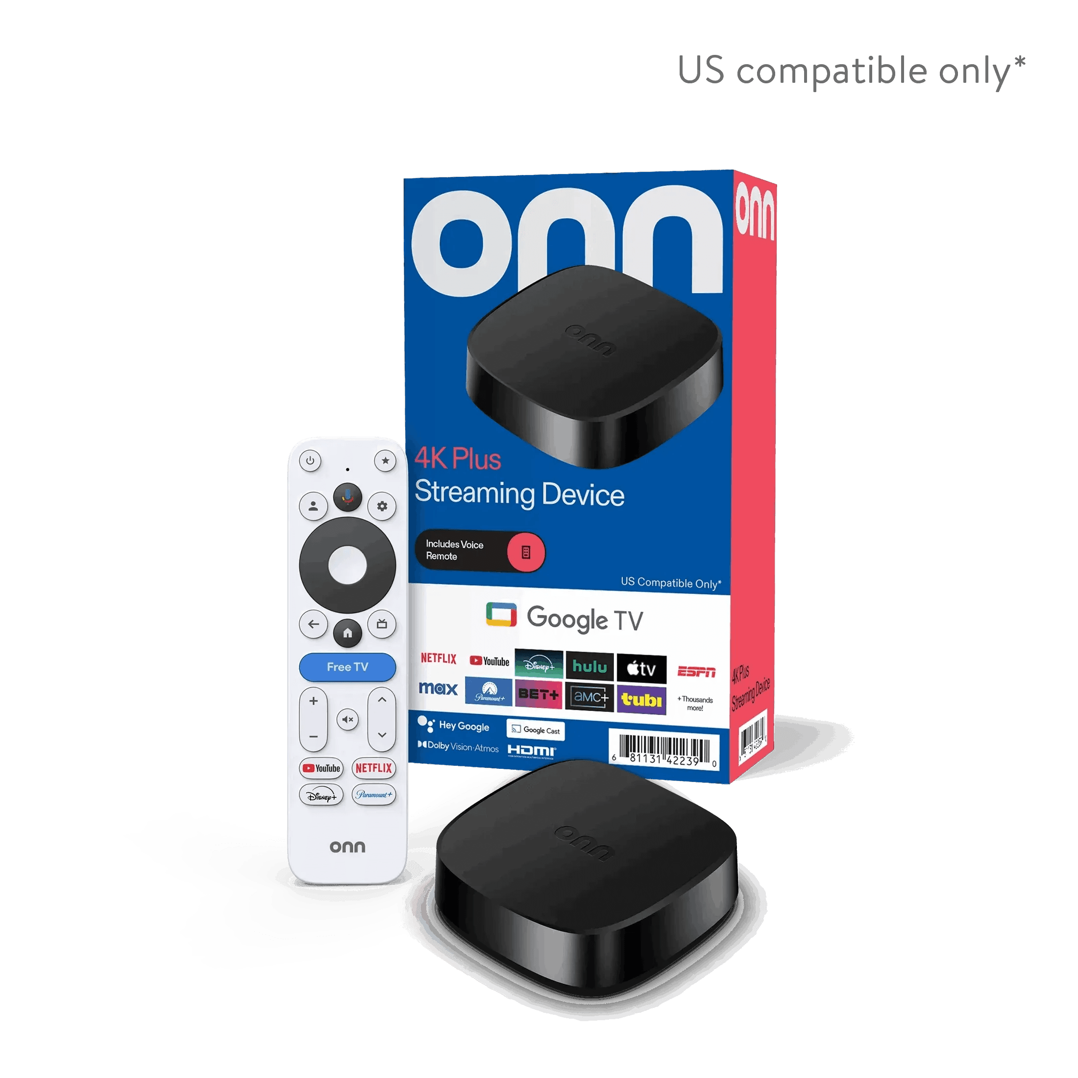 onn 4K Plus Streaming Device, Google TV - Ultra-fast Streaming, Stunning 4K UHD, 16GB Storage, 2GB RAM, Dolby Vision & Atmos, Remote with Voice Control