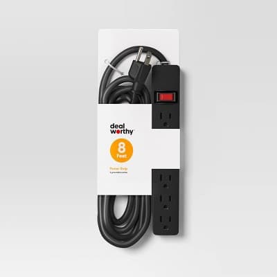 8’ 6 Outlet Indoor Power Strip Black - Dealworthy: 15A, 1875W, 14 AWG, 8ft Extension Cord, 3 Conductors