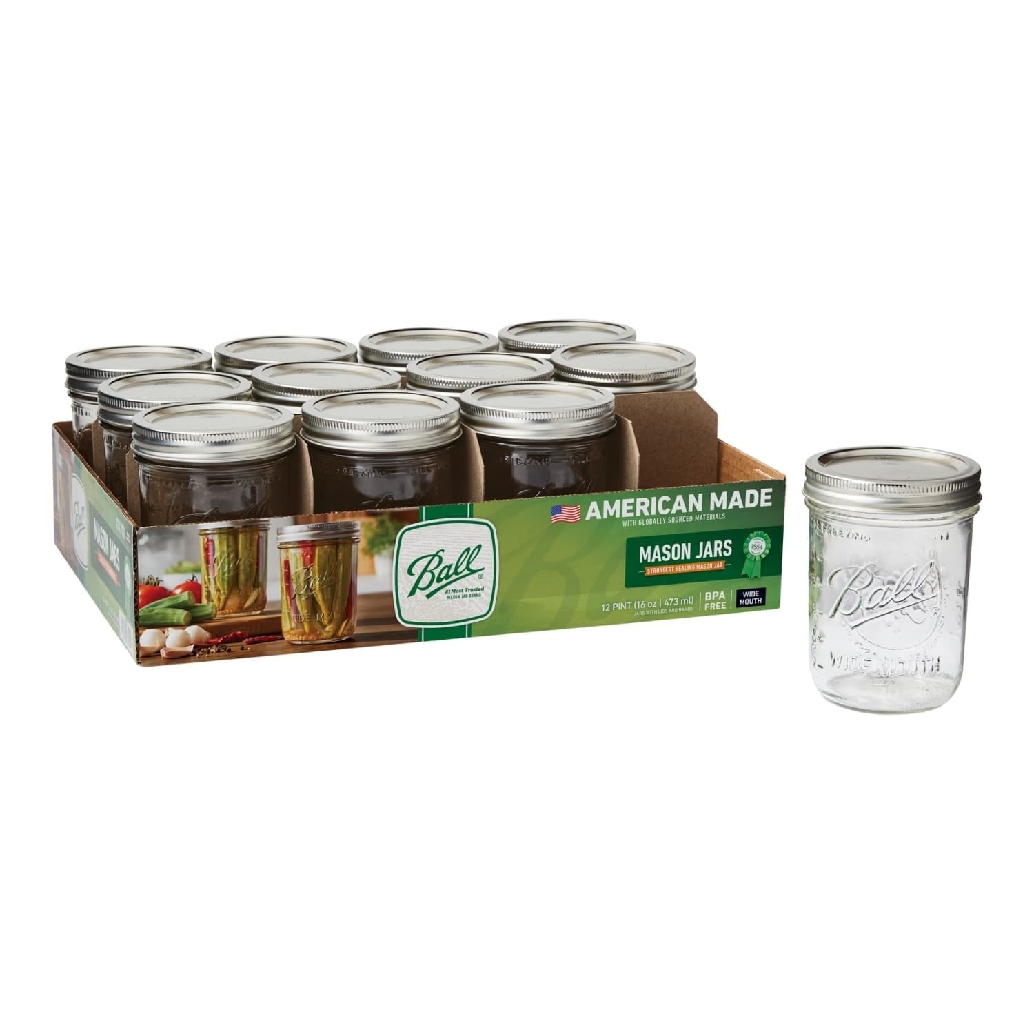 Ball Wide Mouth Pint Mason Jars, 16 oz, 12-Pack with Lids and Rings