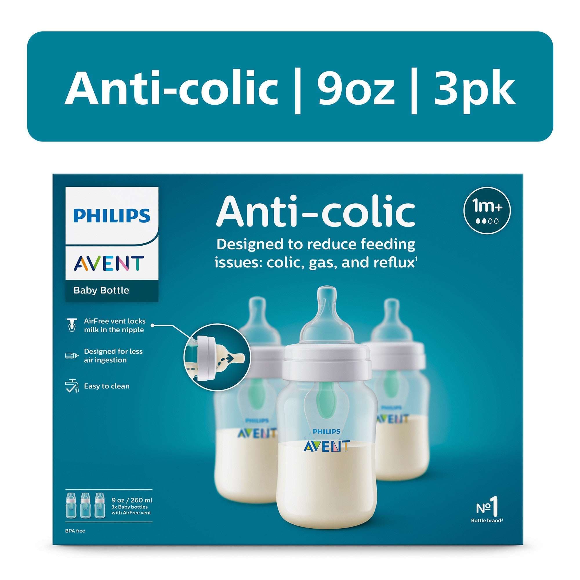 Philips Avent Anti-Colic Baby Bottle with AirFree Vent, 9oz, 3-Pack, Clear, SCY703/03