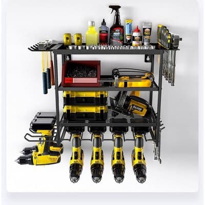 Heavy Duty Metal Power Tool Organizer Rack, Wall Mounted 2-Layer Storage Shelf for Garage & Workshop, Sturdy Iron Holder for Drills & Hand Tools