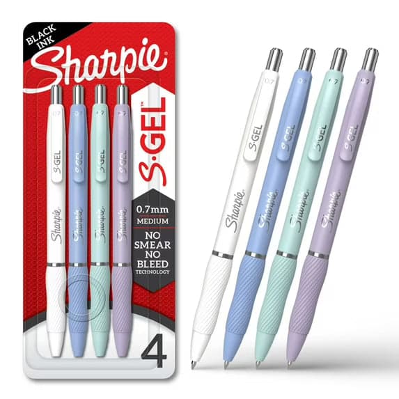 Sharpie S-Gel Pens, Medium Point (0.7mm), Black Ink, Assorted Fashion Barrel Colors, 4 Count