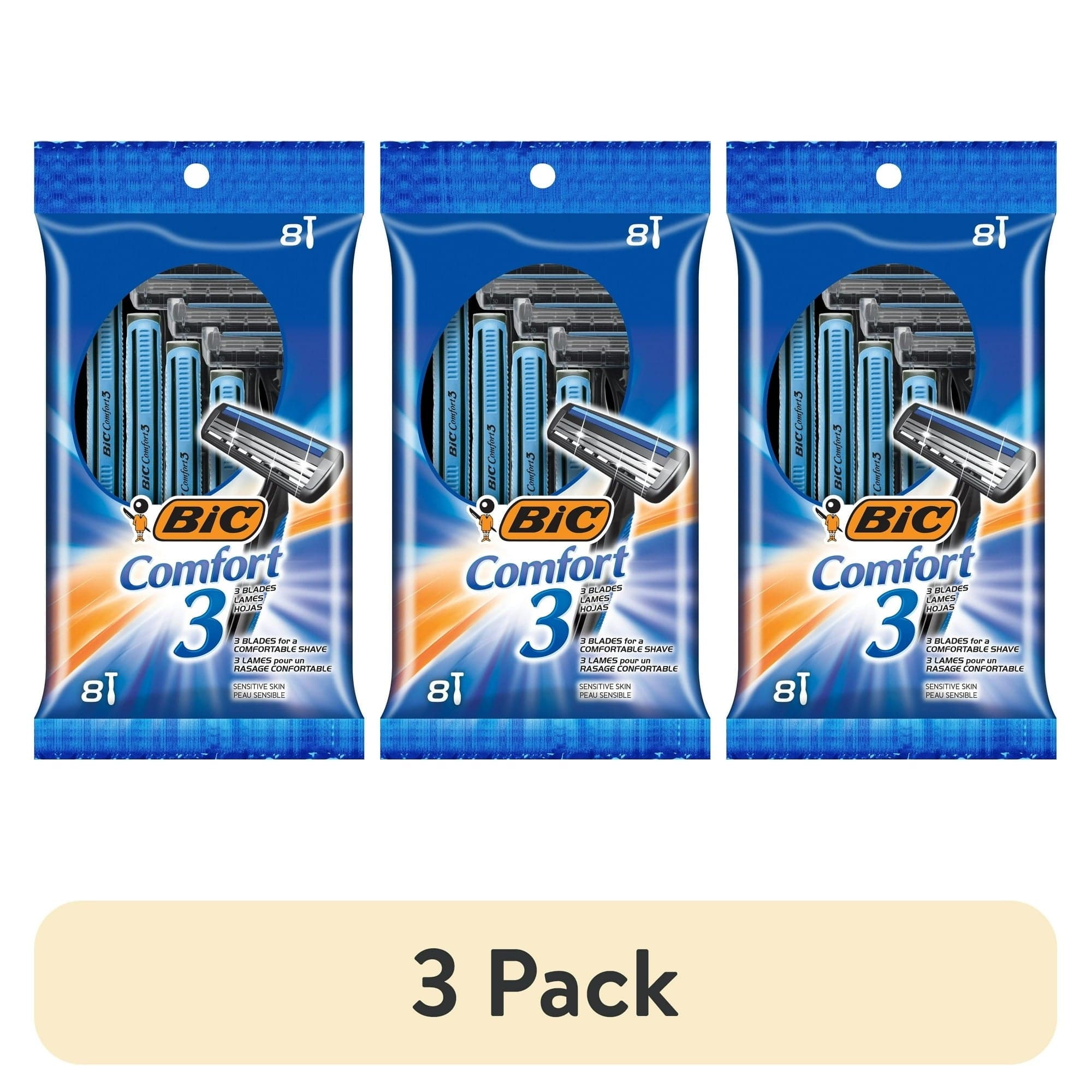 BIC Comfort 3 Disposable Men's Razors, 3 Blade, 8-Count (3 Pack)