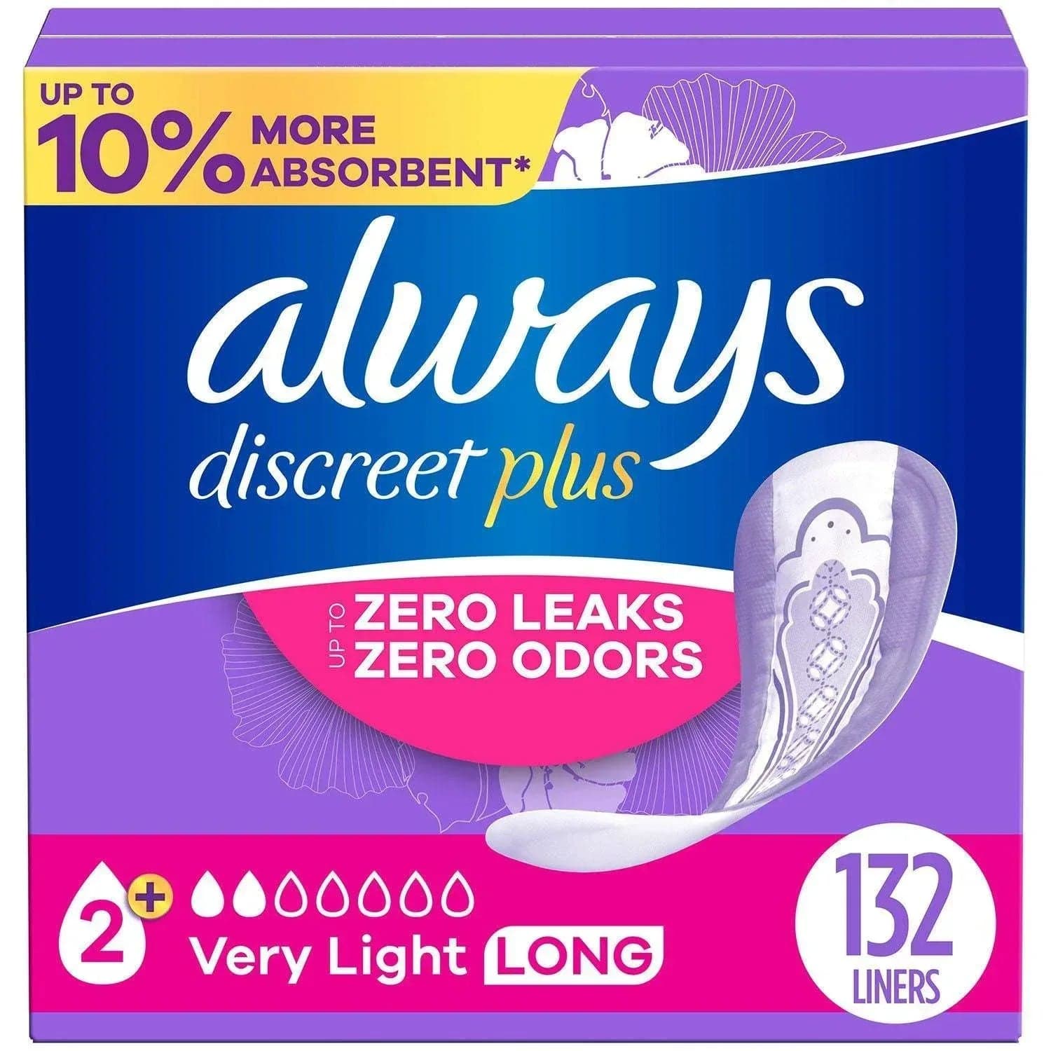 Always Discreet plus Incontinence Liners for Women, Very Light Long, 132 ct.