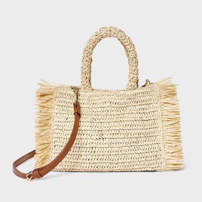 Straw Fringe Small Detachable Strap Crossbody Tote Handbag - Universal Thread Natural