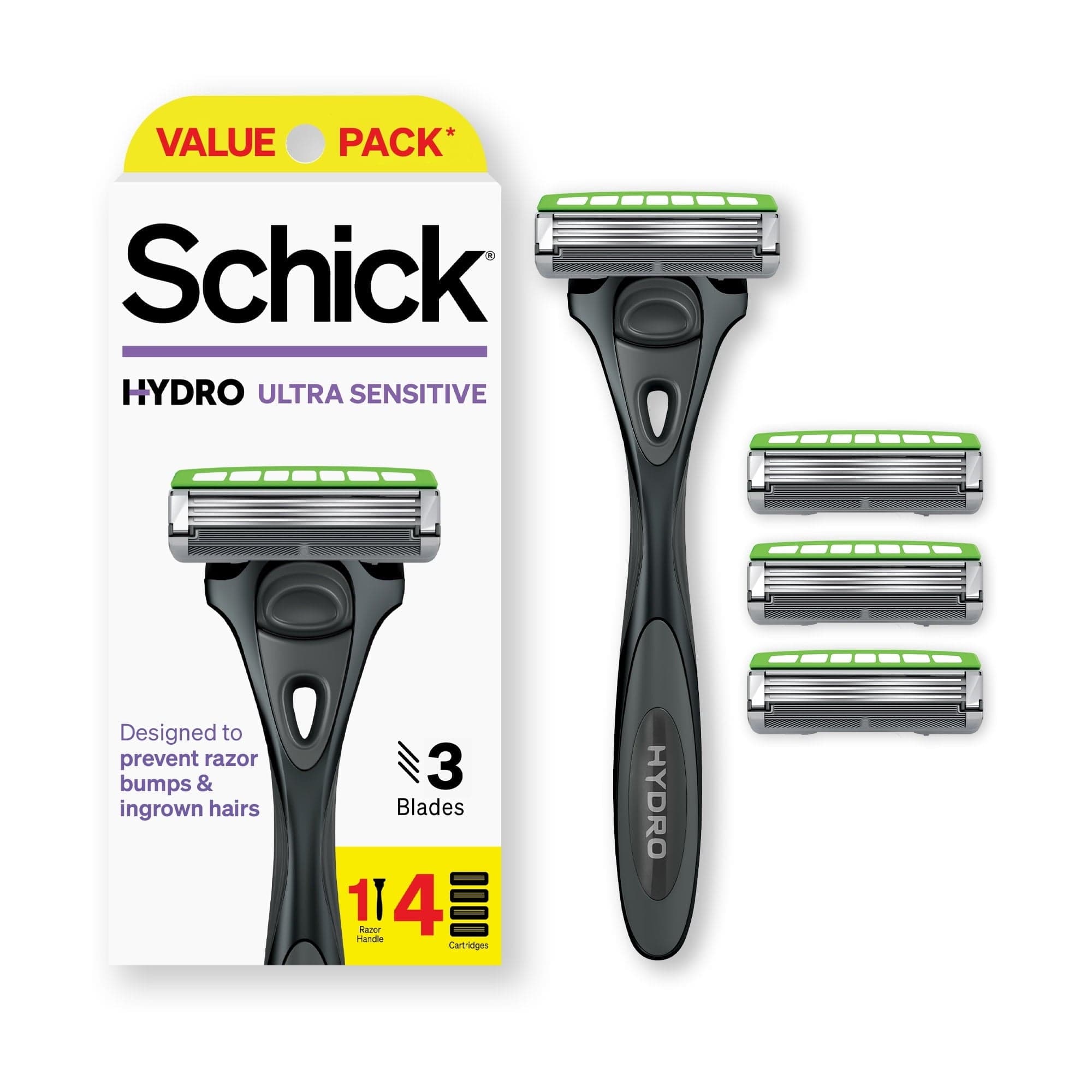 Schick Hydro Ultra Sensitive 3 Blade Razor for Men, 1 Razor Handle with 4 Razor Refills