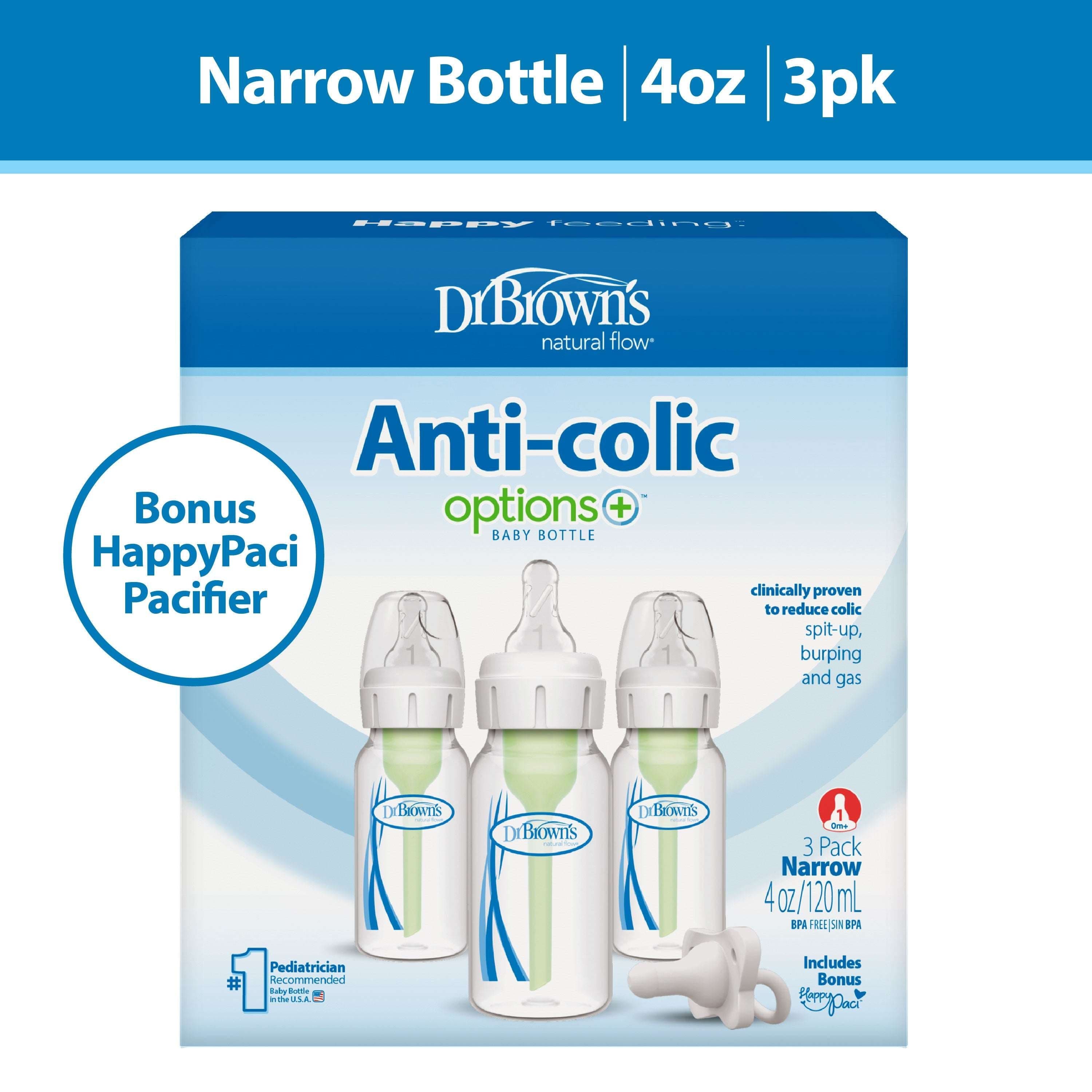 Dr. Brown's Natural Flow Anti-Colic Options+ Narrow Baby Bottle, 4oz, Slow Flow, 0m+, 3-Pack