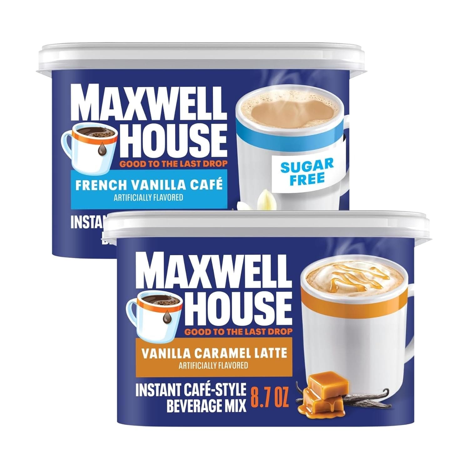 Maxwell House Vanilla Caramel Latte Mix, 8.7 oz plus French Vanilla Cafe-Style Instant Coffee Beverage Mix, 4.3 oz (Variety Pack)