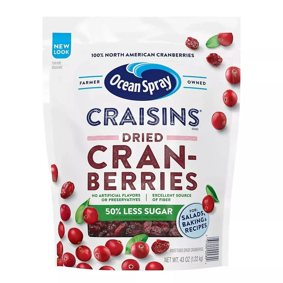 Ocean Spray Craisins, 50% Less Sugar Dried Cranberries, 43 oz.