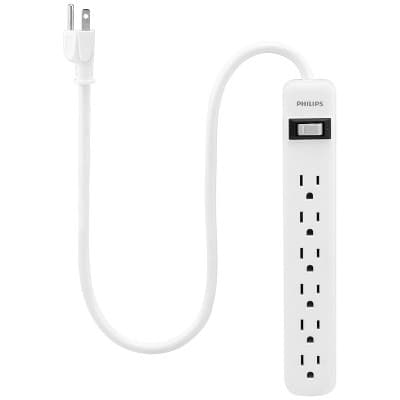 Philips Surge Protector Power Strip, 2ft Extension Cord, 6 Outlet Extender, 450 Joules, On Off Switch, White