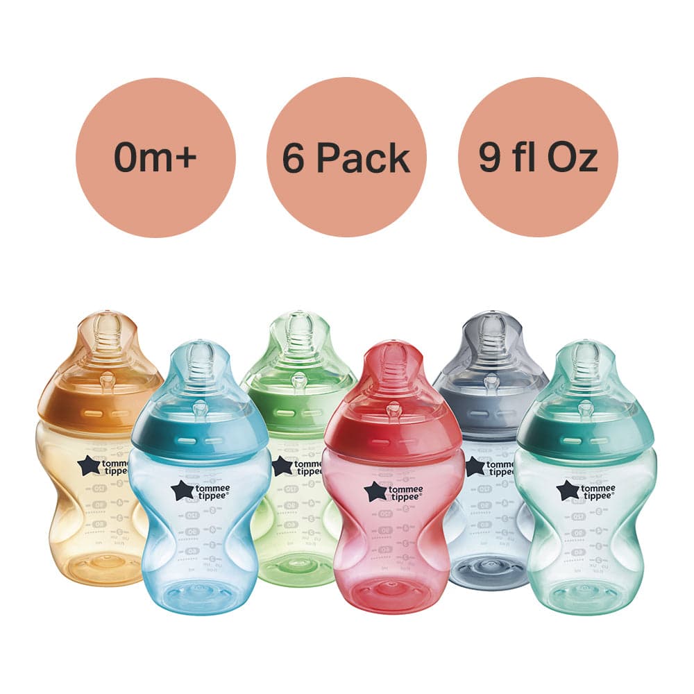 Tommee Tippee Natural Start Anti-Colic Baby Bottles, 9oz, 0 month+, Slow-Flow Breast-Like Nipple, Fiesta, Pack of 6