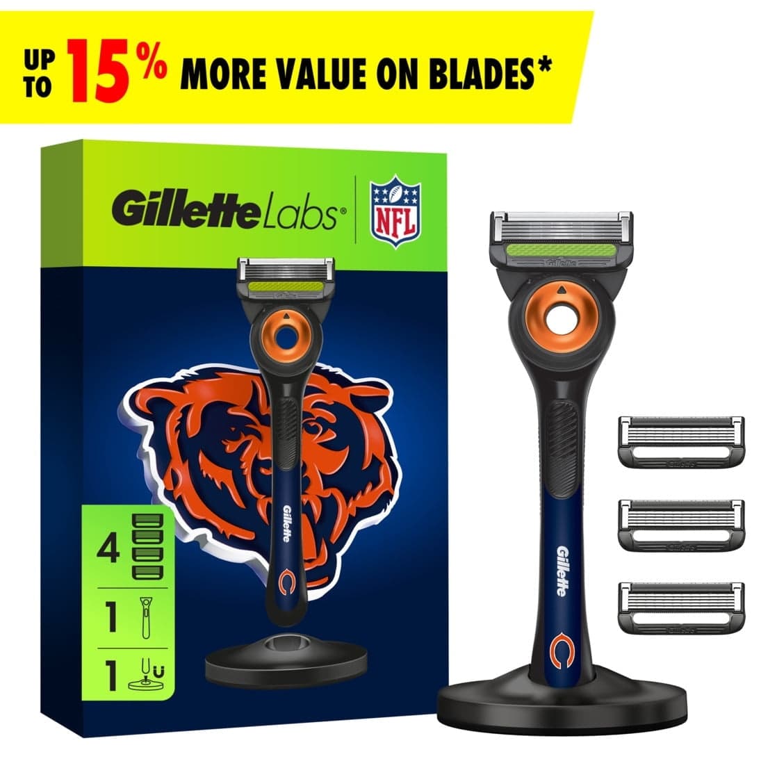 Gillette Labs Official Bears Licensed Razor for Men, 1 Handle, 4 Blade Refills, with Magnetic Stand