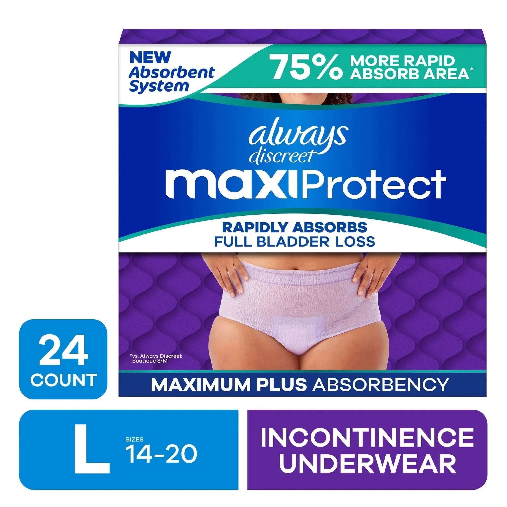 Always Discreet Adult Diapers for Women, MaxiProtect, Incontinence Underwear, Maximum Plus Absorbency, Size L, 24 Count