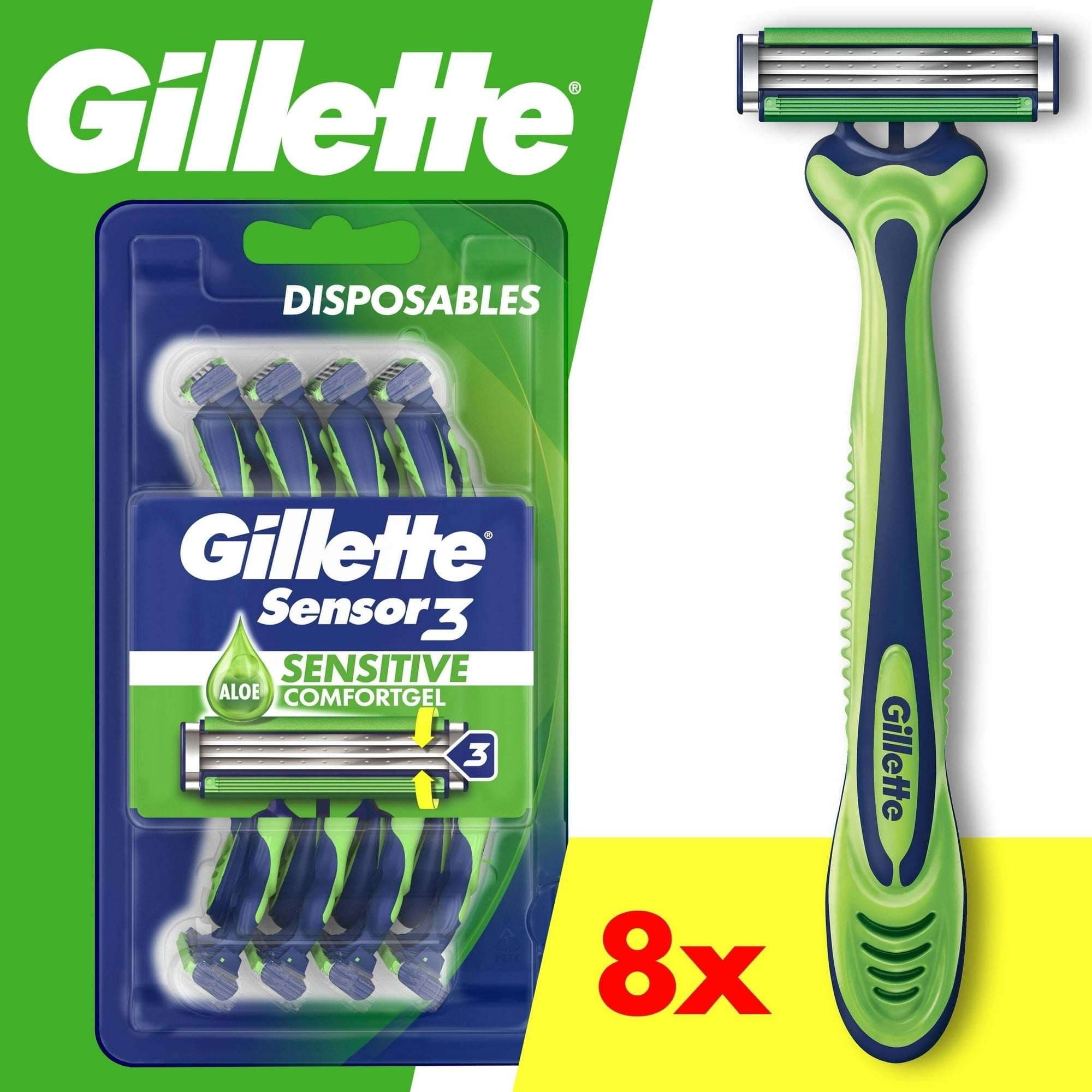 Gillette Sensor3 Sensitive Men's 3-Blade Disposable Razors, 8 Count