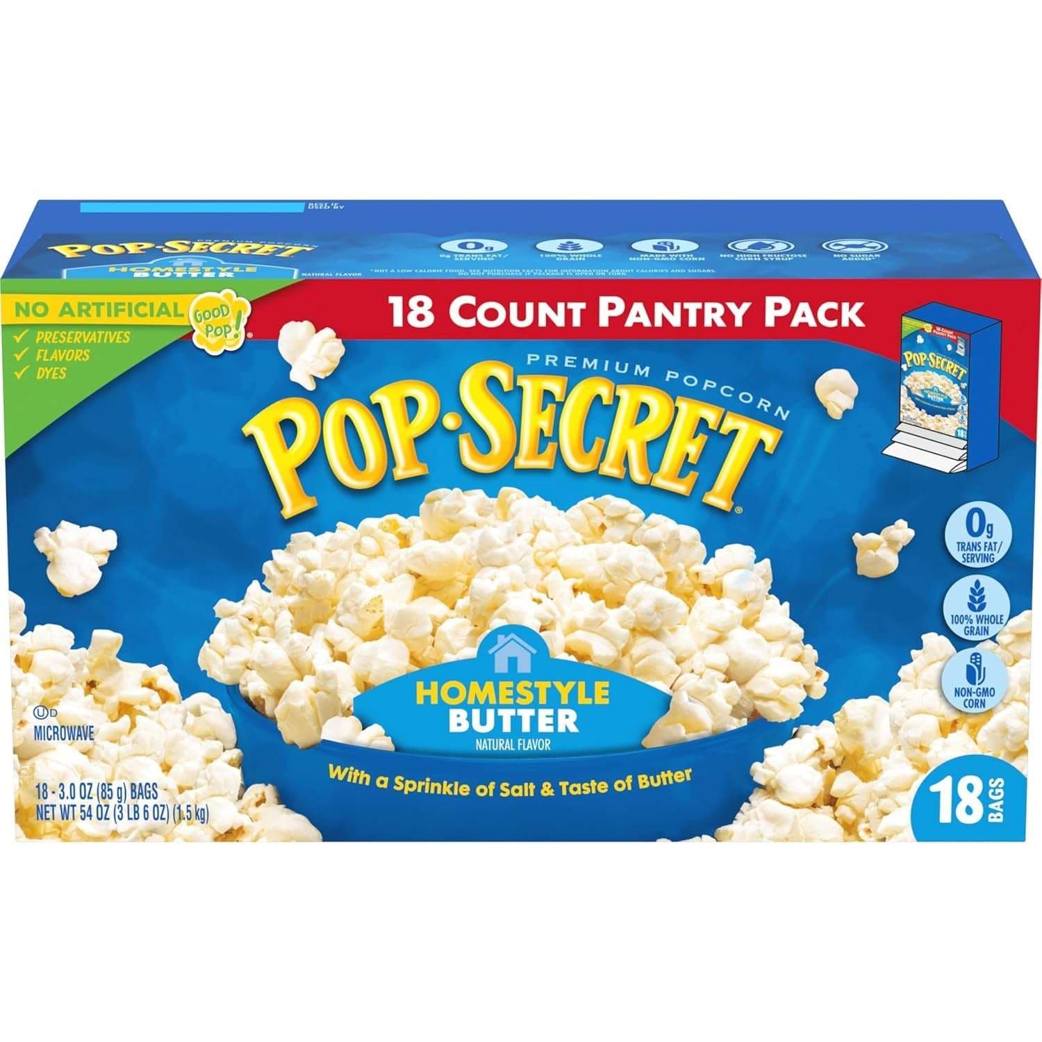 Pop Secret Homestyle Butter Microwave Popcorn, 3 Ounce (Pack of 18)