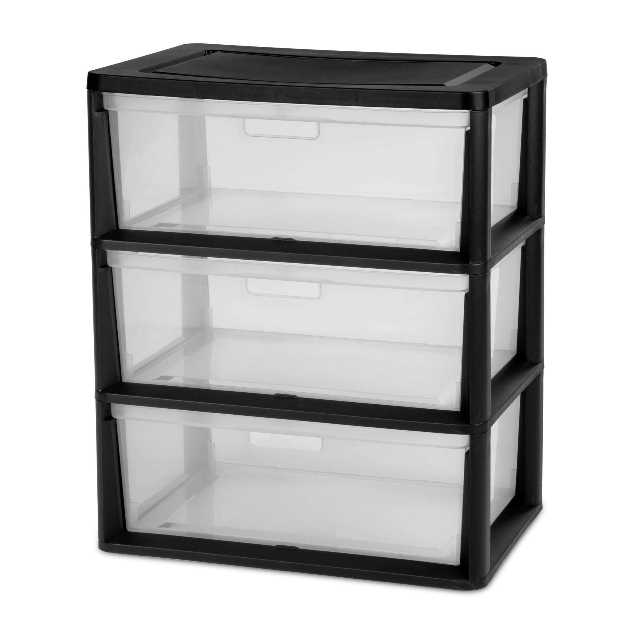 Sterilite Wide 3 Drawer Tower, Plastic Storage Organizer with Removable Clear Bins, Black