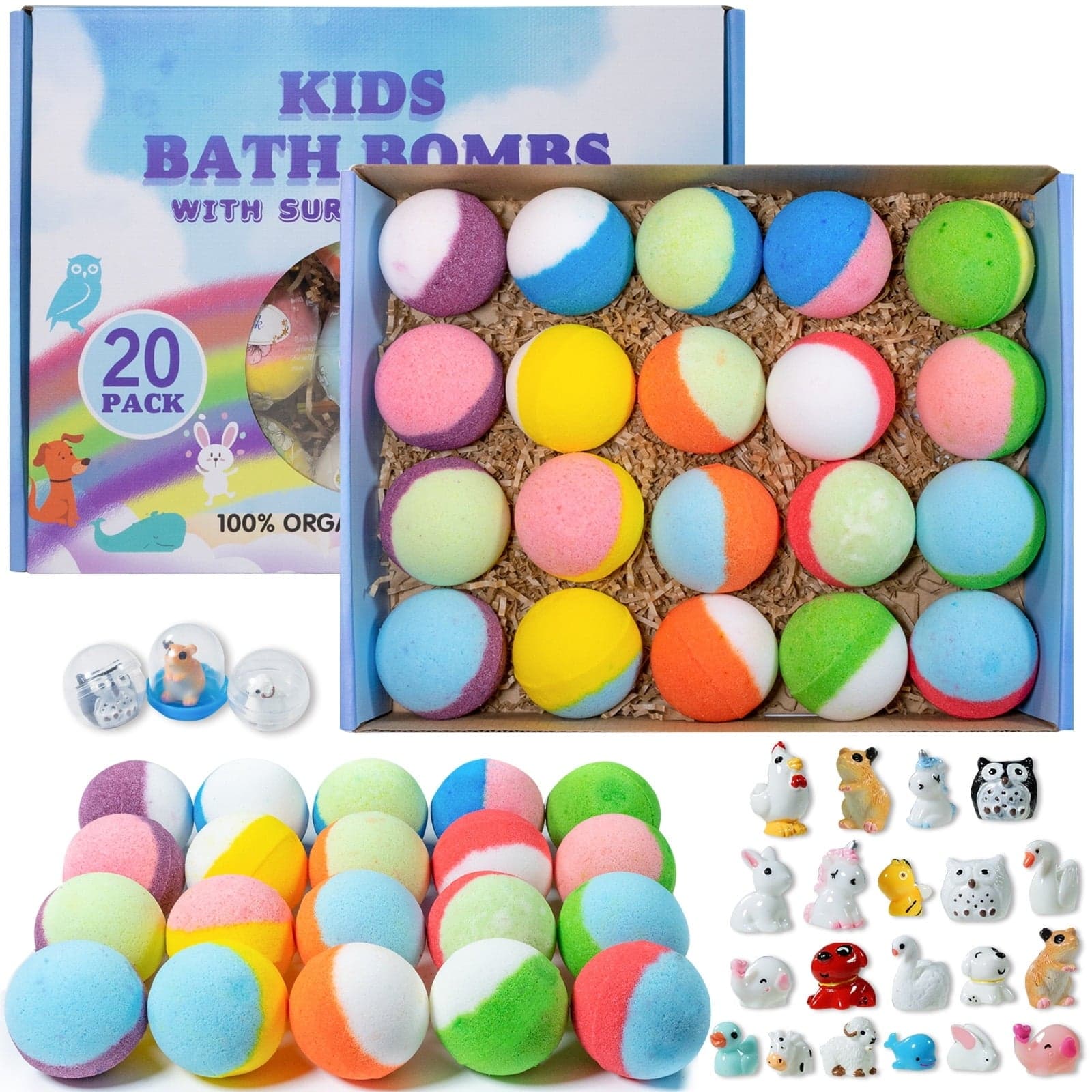 PickMora Bath Bombs for Kids, 20 Pcs Handmade Natural Bath Bombs with Surprise Toy Inside