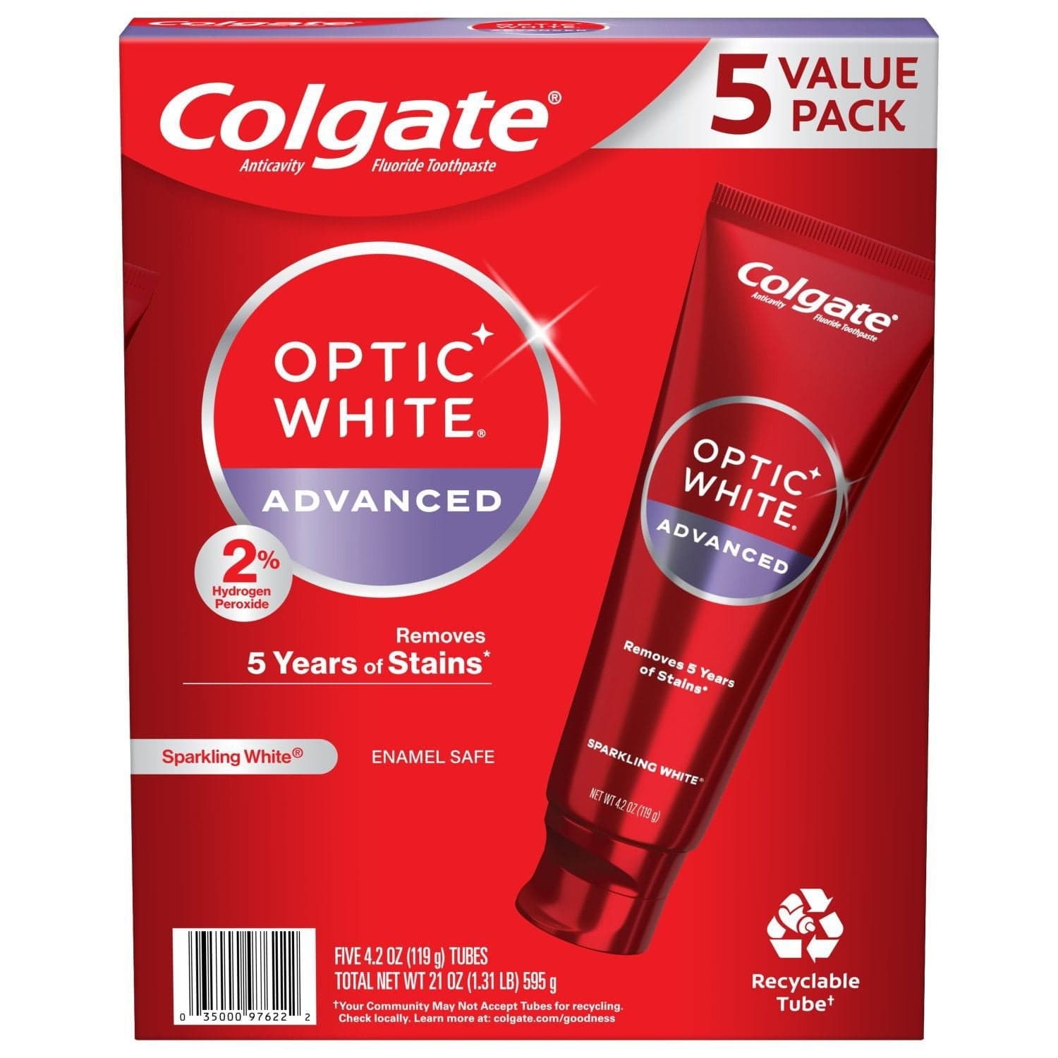 Colgate Optic White Advanced Teeth Whitening Sparkling White Toothpaste, 4.2 oz., 5 pk.