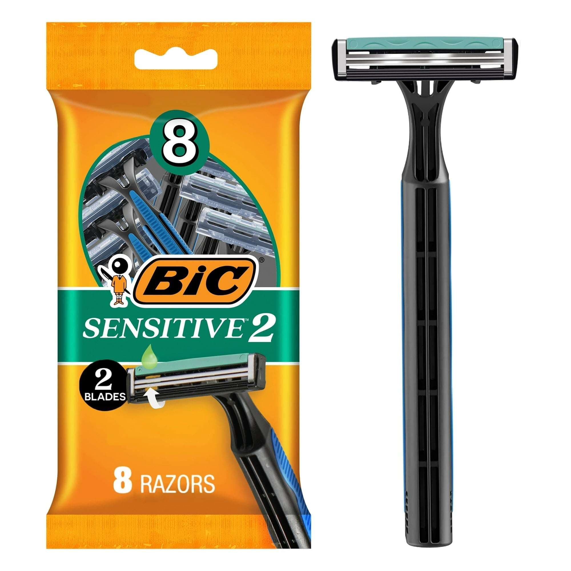 BIC Sensitive 2 Men's Disposable Razors, 8-Pack, Two Blades for Sensitive Skin