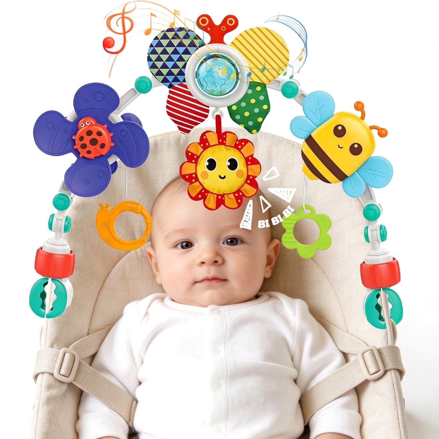 Caunedy Baby Stroller Arch Toy, Adjustable Arch Bassinet Toy with Hanging Sensory Activity Toys for Babies 0-12 Months, for Crib, Bassinet, Car Seat, and Bouncer