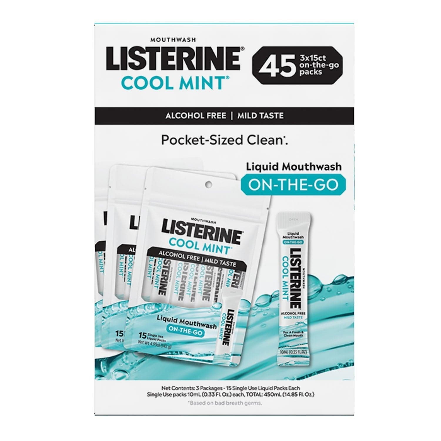 Listerine On-The-Go Cool Mint Mouthwash Sachets, Alcohol Free, 45 ct.