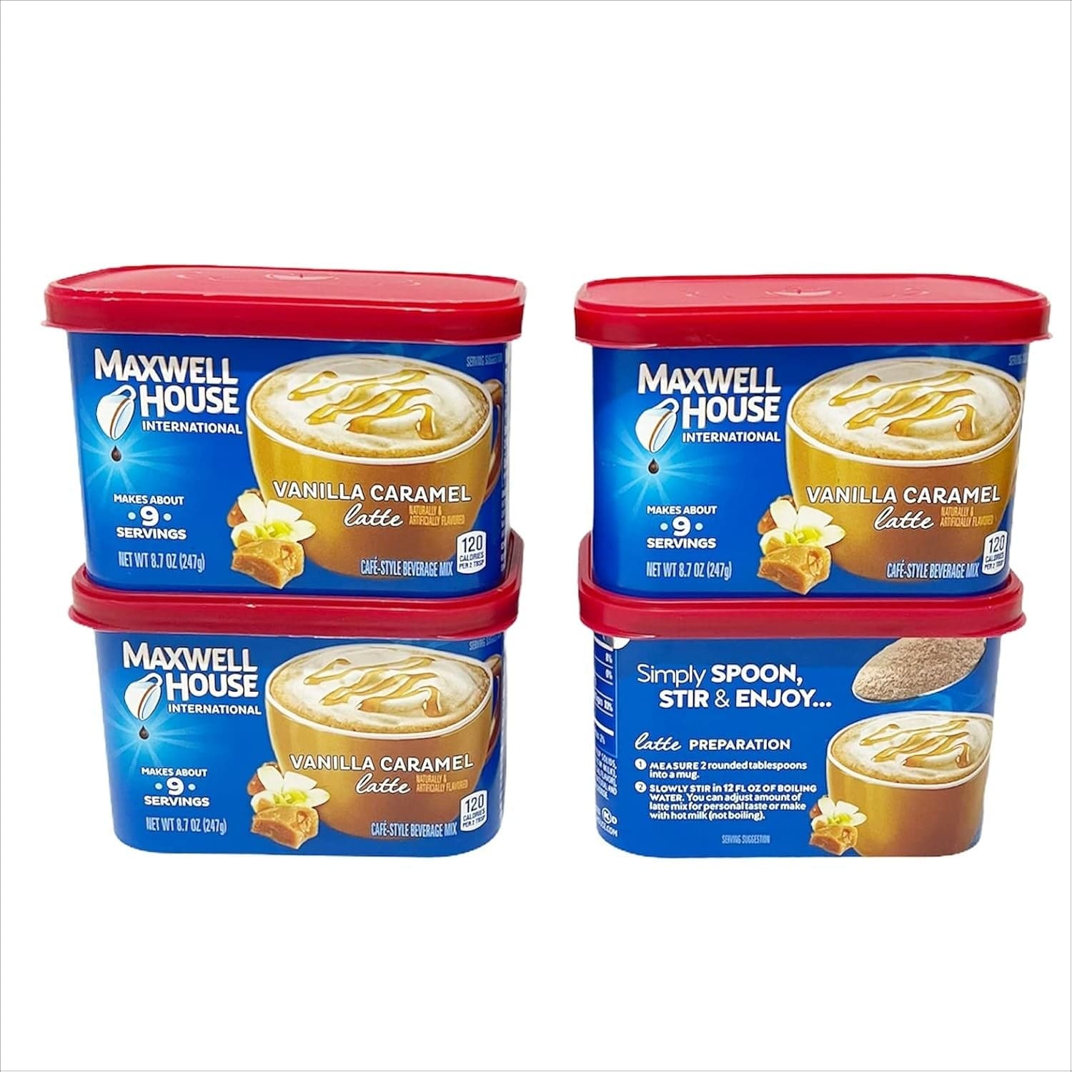Maxwell House International Vanilla Caramel Latte Cafe-Style Instant Coffee Beverage Mix, 8.7 oz Canister (Pack of 4)