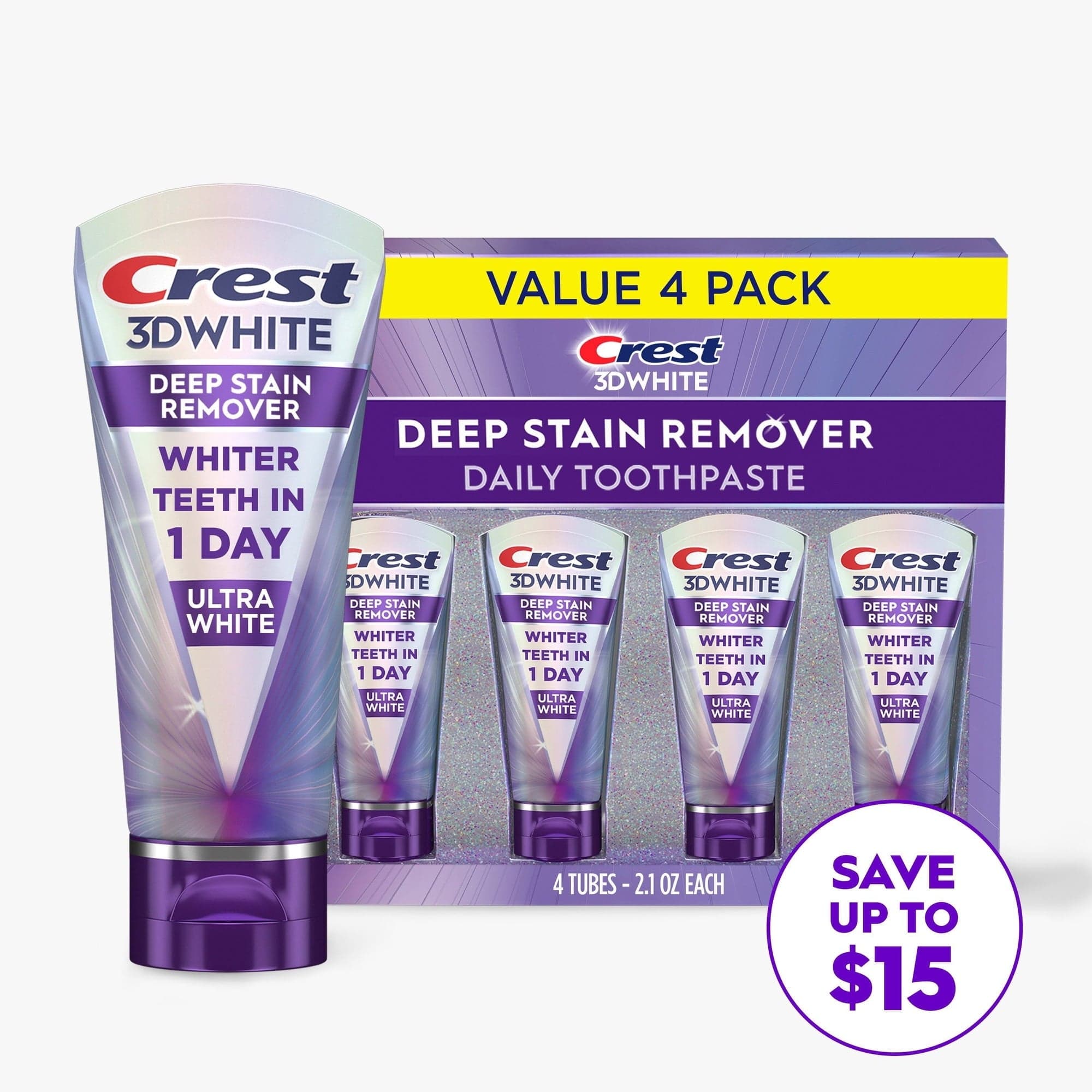 Crest 3D White Deep Stain Remover Whitening Toothpaste, 2.1 oz., 4 pk.
