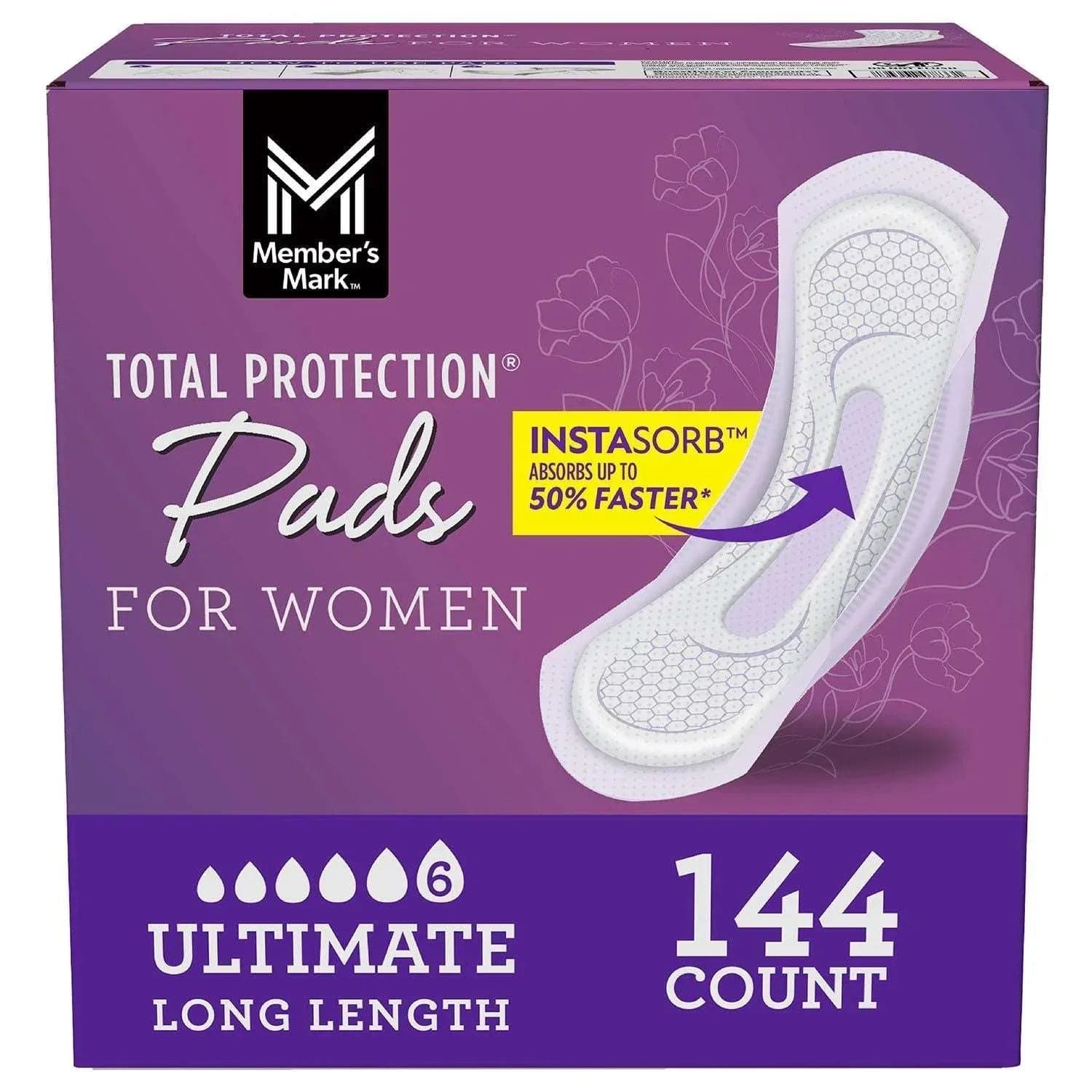 Member's Mark Total Protection Pads for Women, Ultimate Long, 6 Drop, 144 ct.