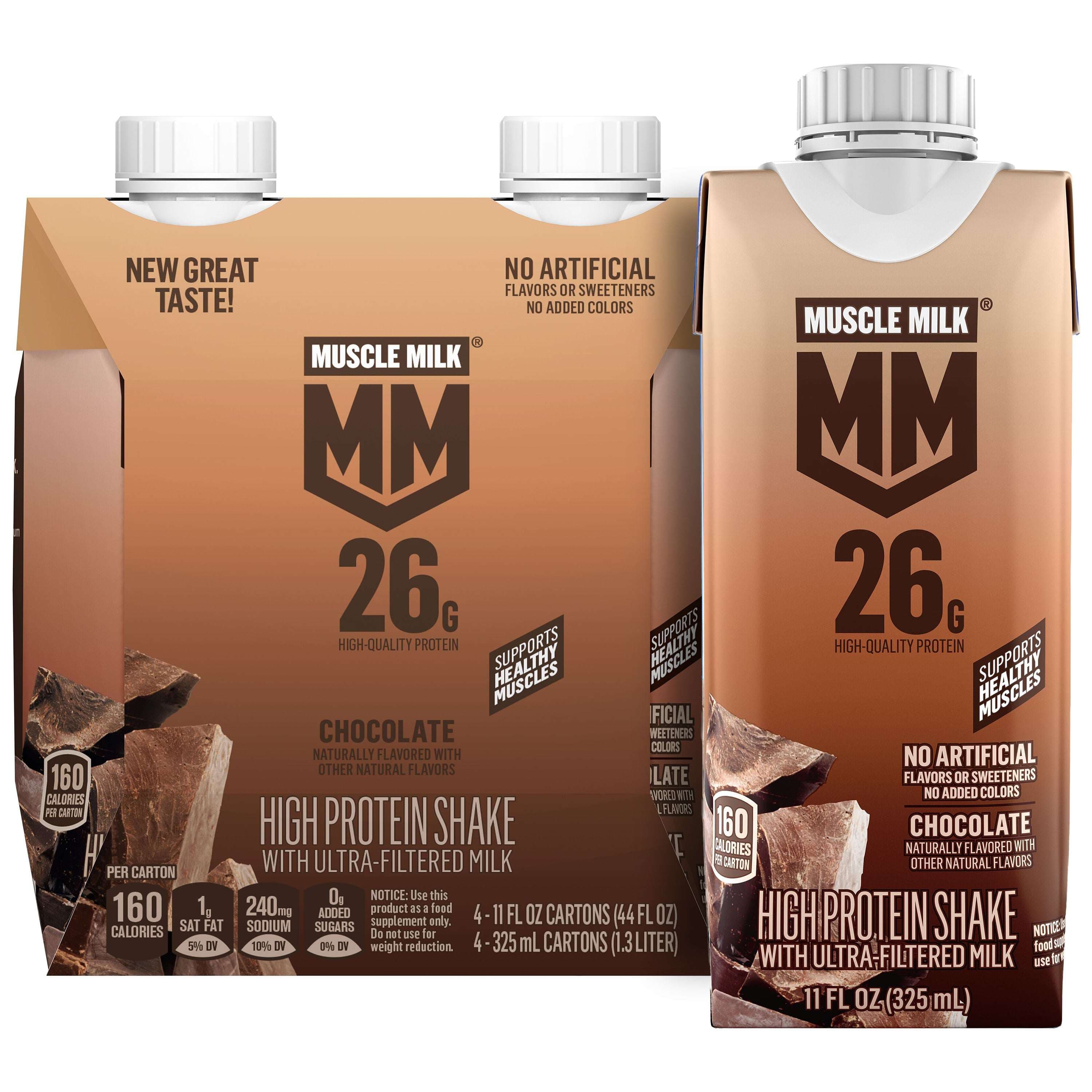 Muscle Milk 26g High Protein Shake, Chocolate, Ultra-Filtered Milk 11 fl oz, 4 pack