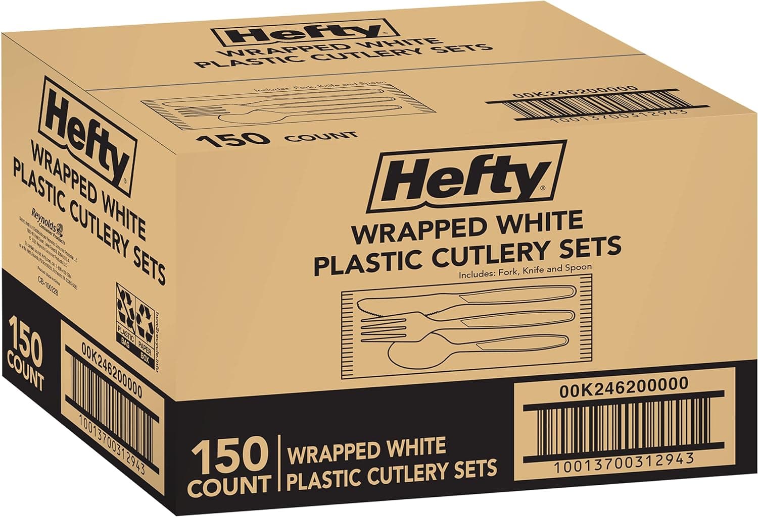 Hefty Wrapped Disposable Plastic Utensils Set, White (Forks, Spoons, and Knives)