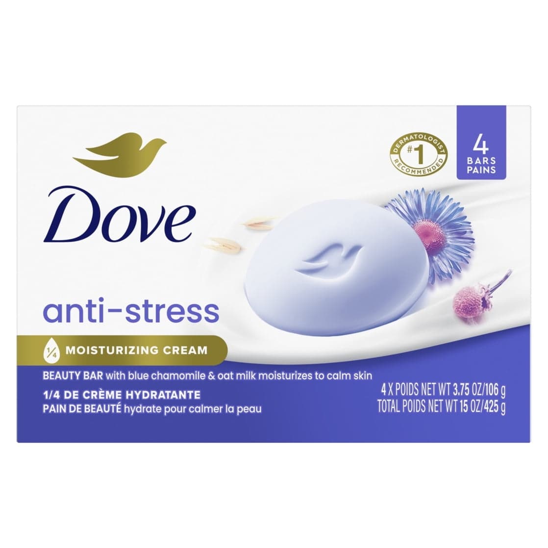 Dove Beauty Bar, Anti-Stress Blue Chamomile & Oat Milk, 3.75 oz, 4 Bars