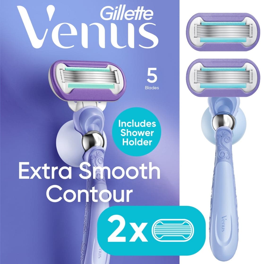 Venus Manual Razor, Deluxe Smooth Swirl for Women, 5 Blades, Handle + 2 Refills, Purple