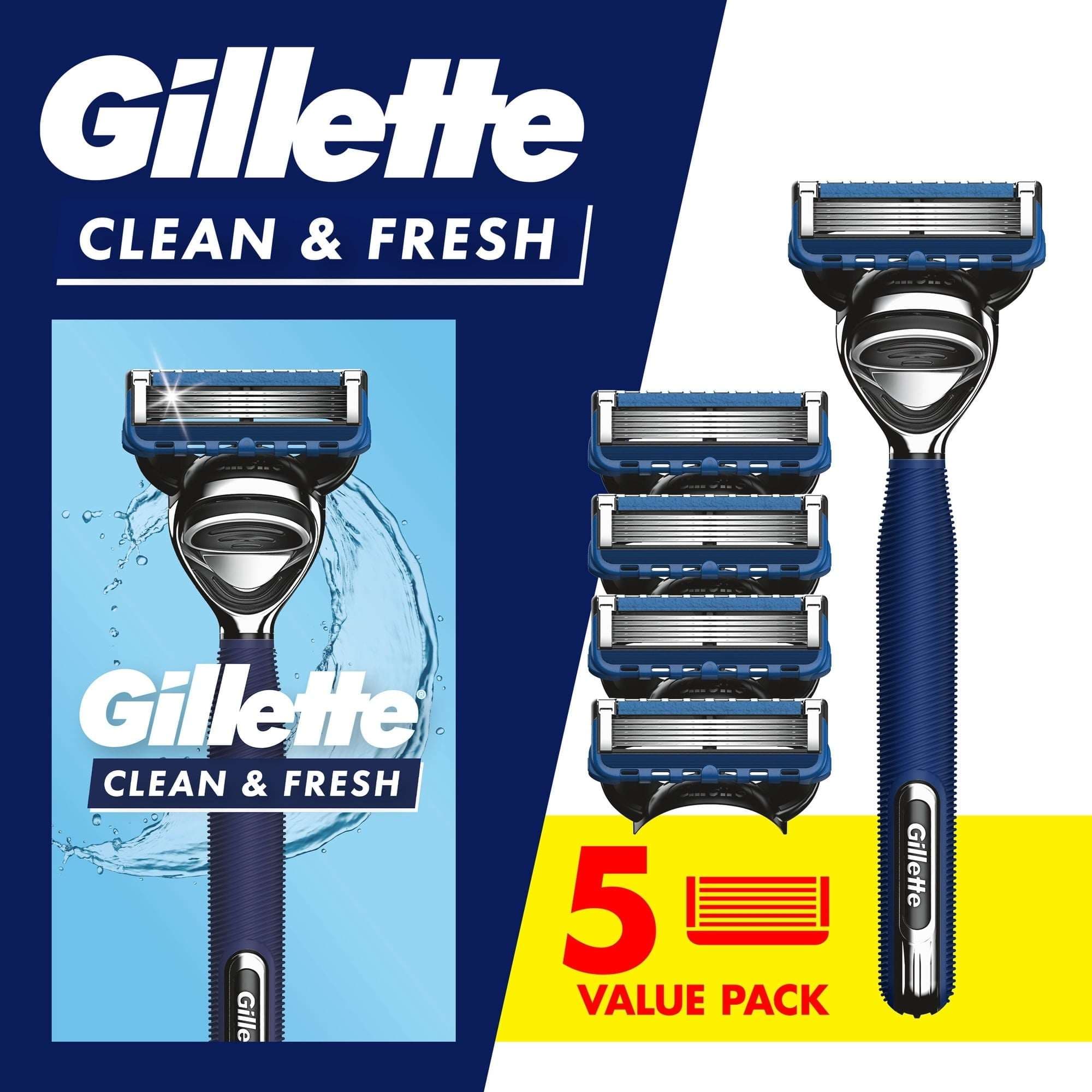 Gillette Men's Razor, Clean & Fresh, Handle + 5 Blade Refills