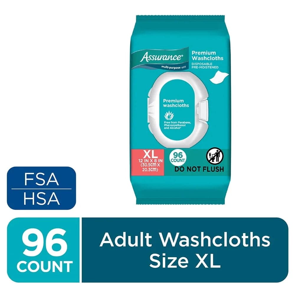 Assurance Premium XL Washcloths for Adults, Disposable and Pre-Moistened (96 Count)