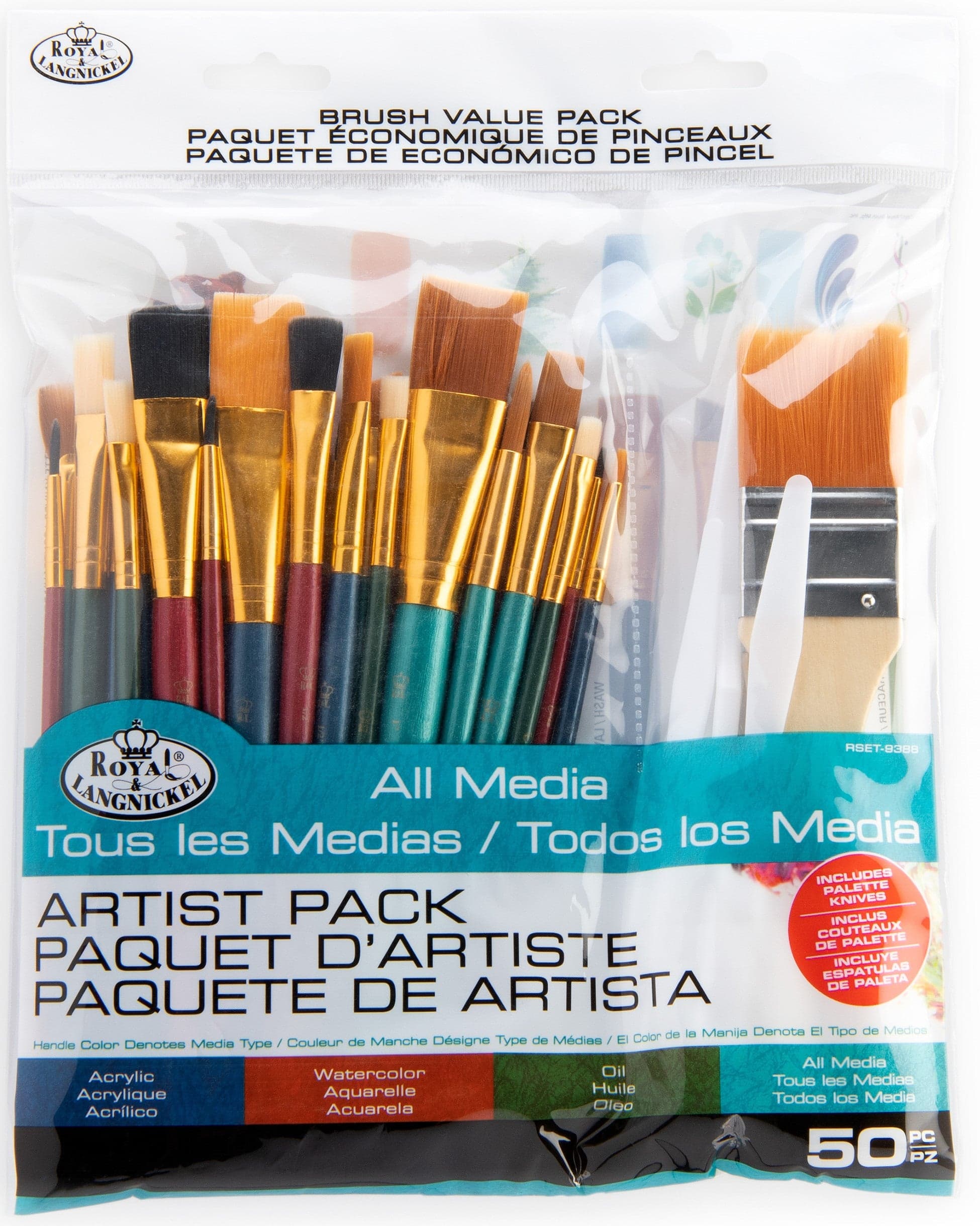 Royal & Langnickel Assorted Shapes All Media Taklon Art Brushes, 50 Pieces