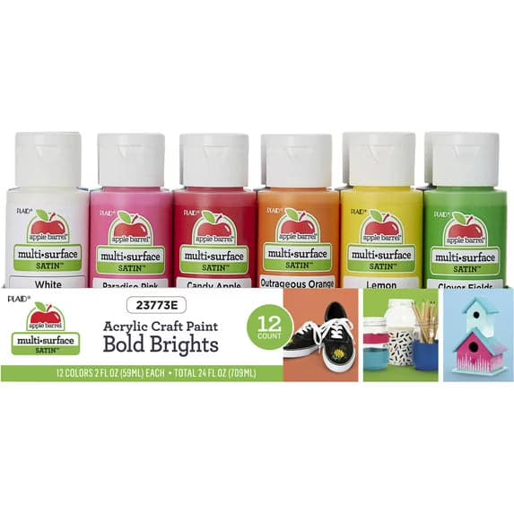 Apple Barrel Multi-Surface Acrylic Craft Paint Set, Bold Brights, 2 fl oz, 12 Piece