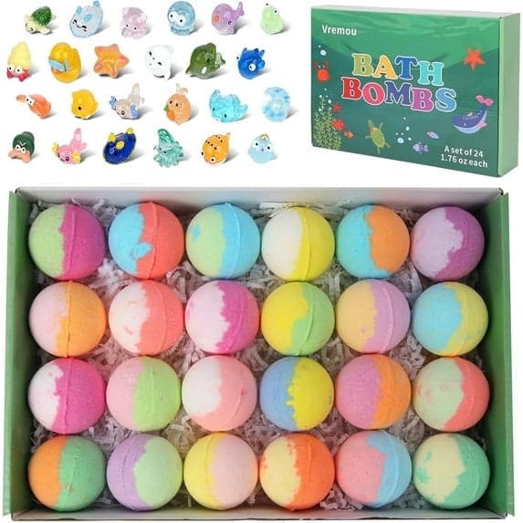 Vremou Kids Bath Bombs, 24 Pack, Natural Bath Fizzies for Kids with Surprise Toys Inside