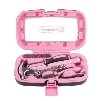 Fleming Supply Household Hand Tool Set Including a Hammer, Wrench, Screwdriver, and Pliers 15pc, Pink