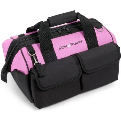 Pink Power Pink Tool Bag for Women -16" Tool Tote Bag w/ 22 Storage Pockets - Womens Small Tool Bag for Hand Tools, Power Tool - Tool Caddy Organizer